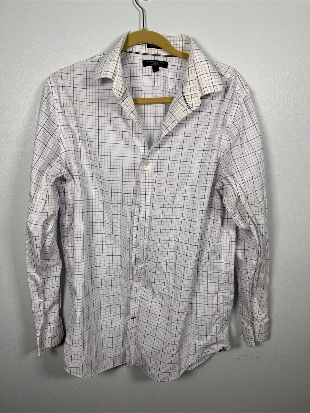 Banana Republic White Dress Shirt with Blue and Pink Windowpane Size Large 16.5